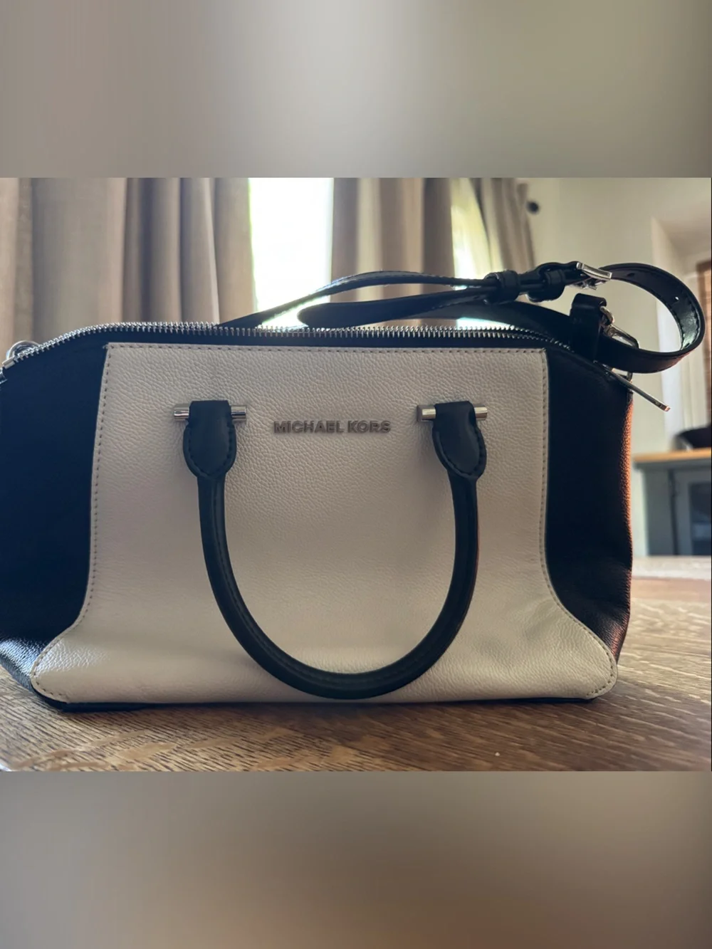 Michael Kors Black and White Leather Satchel with Crossbody Strap